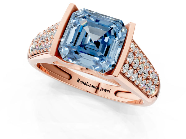 Rose gold Fancy Blue Asscher Cut Diamond Channel Set Pave Band with Tension Prong Setting
