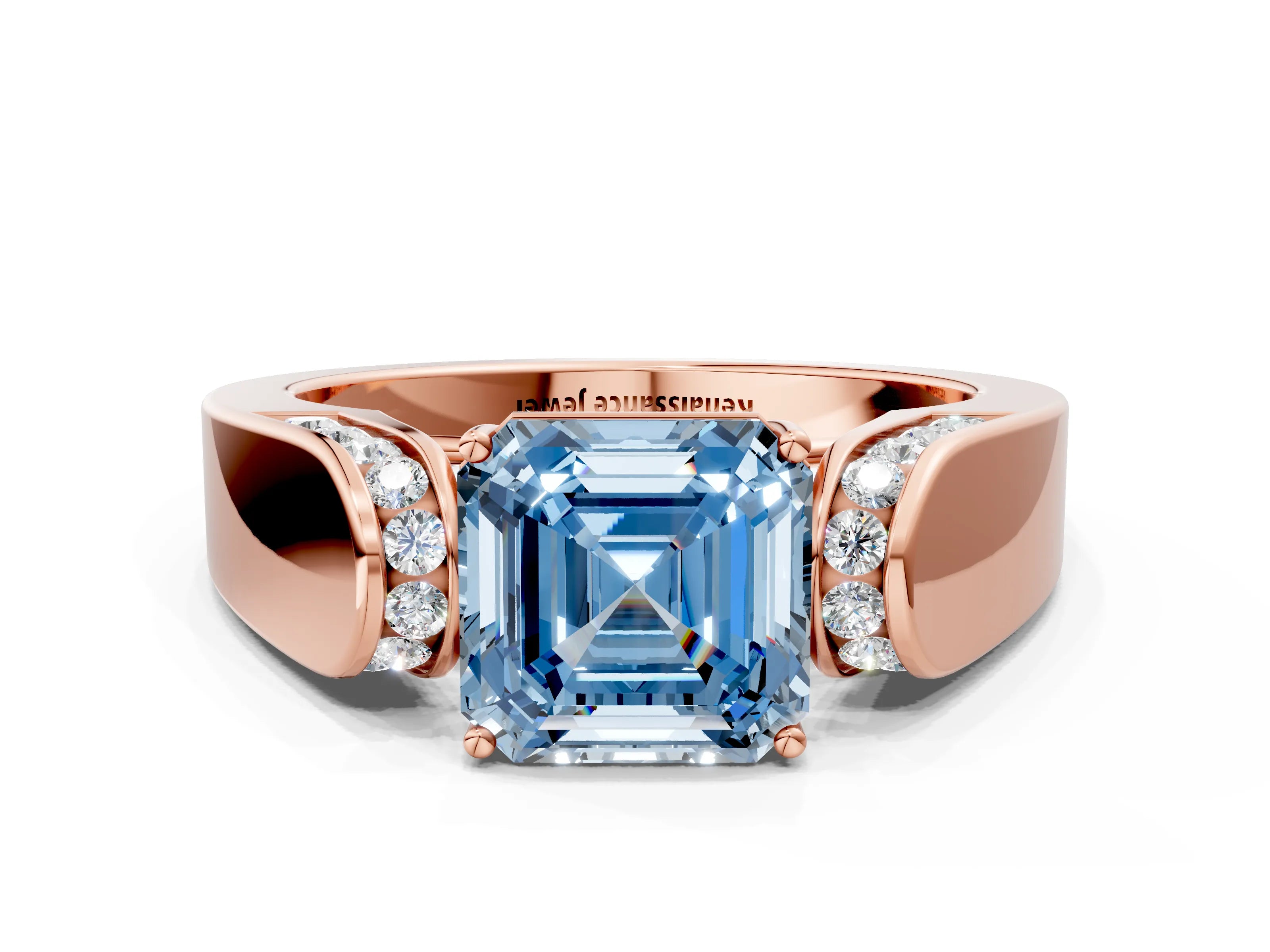 Rose gold Fancy Blue Asscher Cut Cut Diamond Channel Set Solitaire Ring with Four-Prong Setting