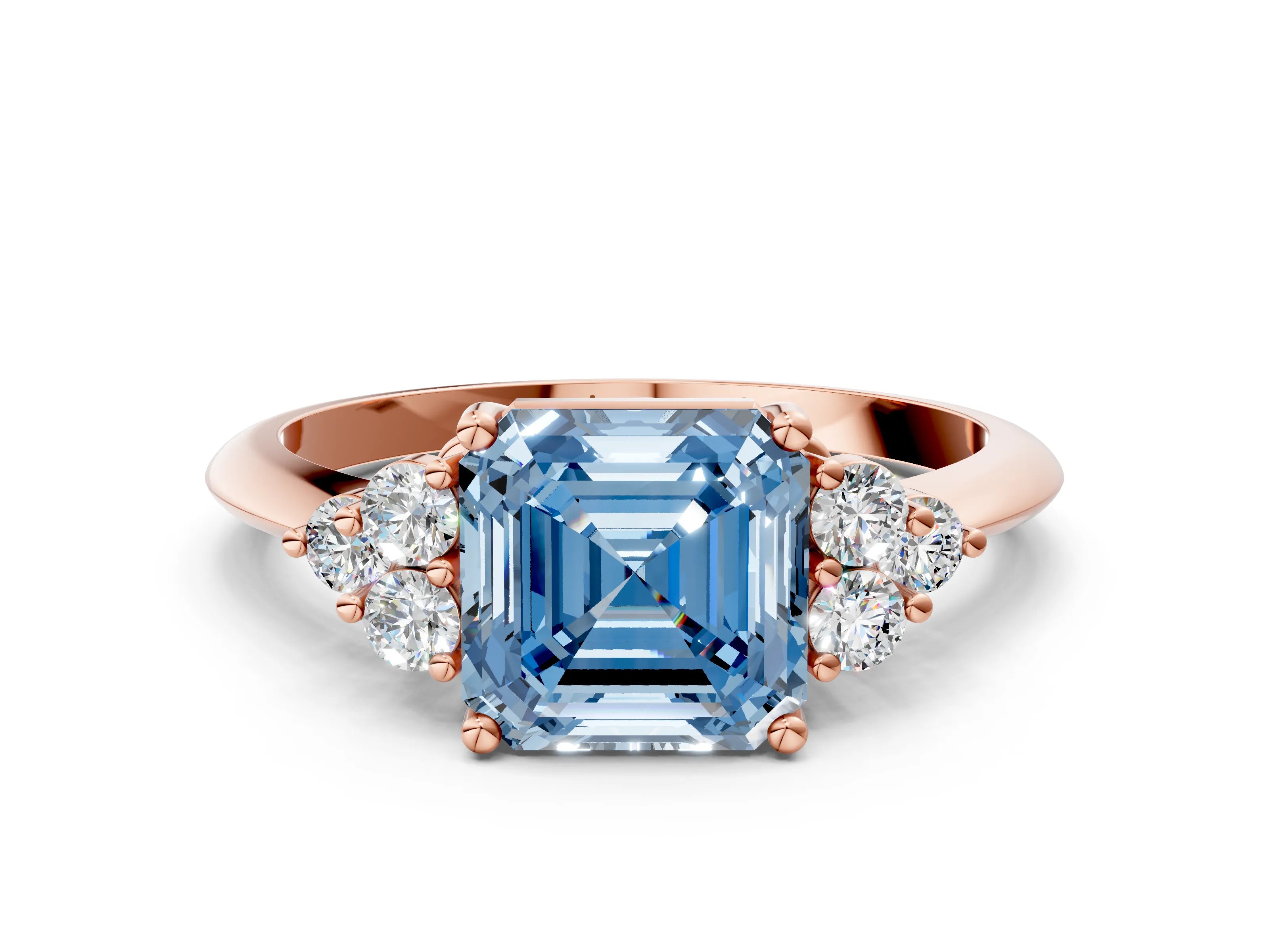 Rose gold Fancy Blue Asscher Cut Cut Diamond Cluster Ring with Solitaire Band and Four-Prong Setting