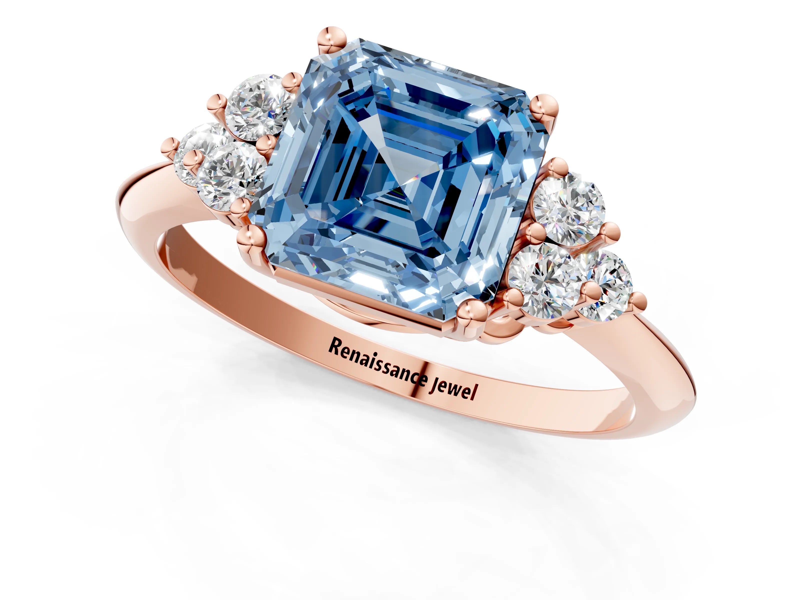 Rose gold Fancy Blue Asscher Cut Cut Diamond Cluster Ring with Solitaire Band and Four-Prong Setting_1