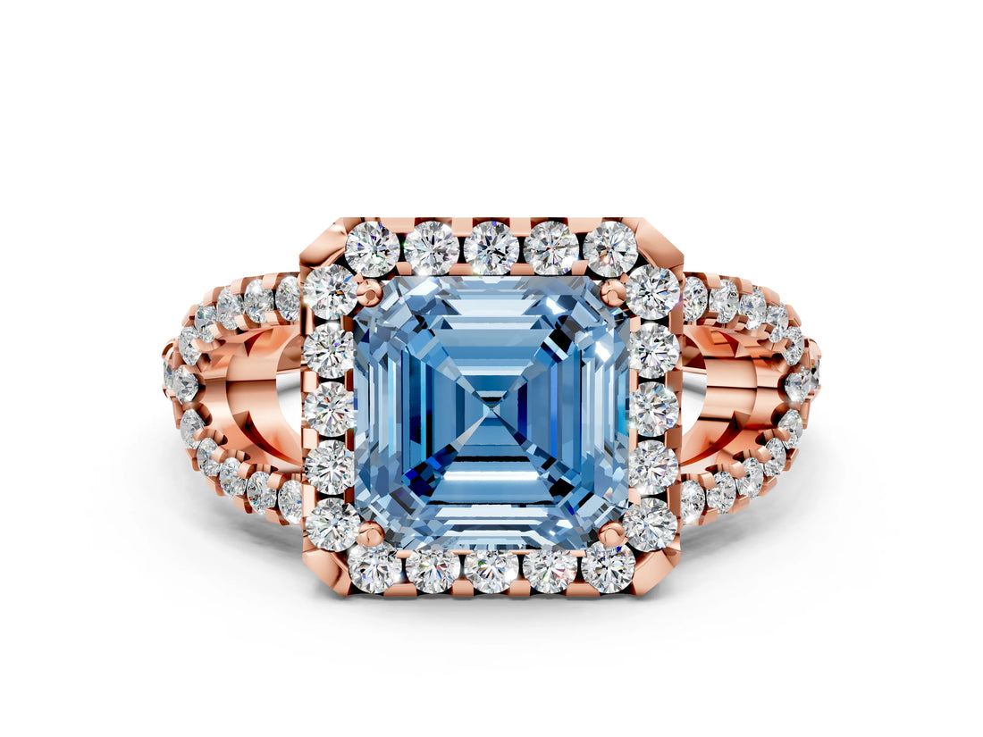 Rose gold Fancy Blue Asscher Cut Cut Diamond Halo Engagement Ring with Open Split Pavé Band