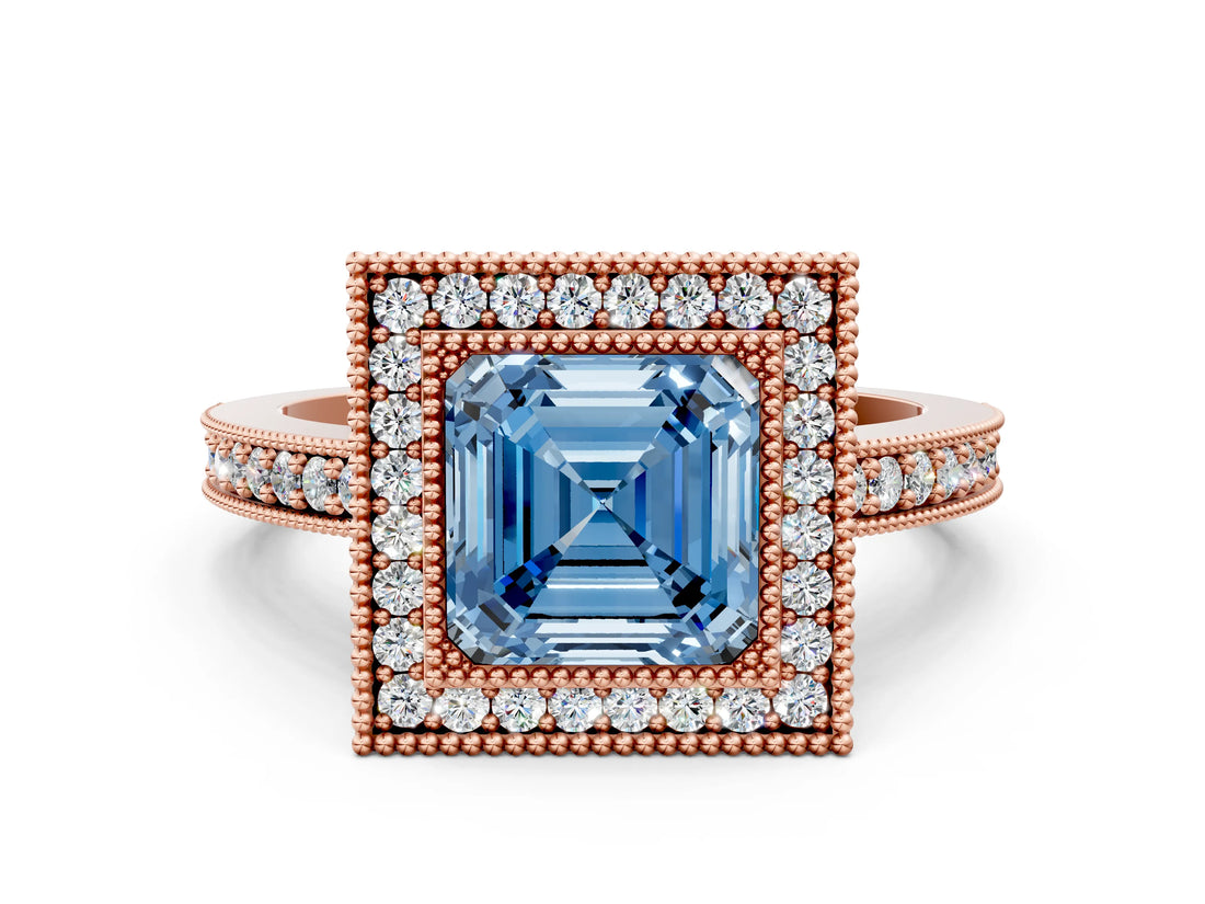 Rose gold Fancy Blue Asscher Cut-Cut Diamond Halo Engagement Ring with Pave Band and Prong Setting