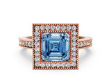 Rose gold Fancy Blue Asscher Cut-Cut Diamond Halo Engagement Ring with Pave Band and Prong Setting