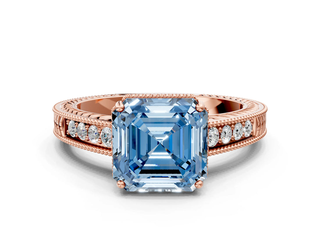 Rose gold Fancy Blue Asscher Cut Cut Diamond Milgrain Pave Band Four-Prong Setting Ring_27