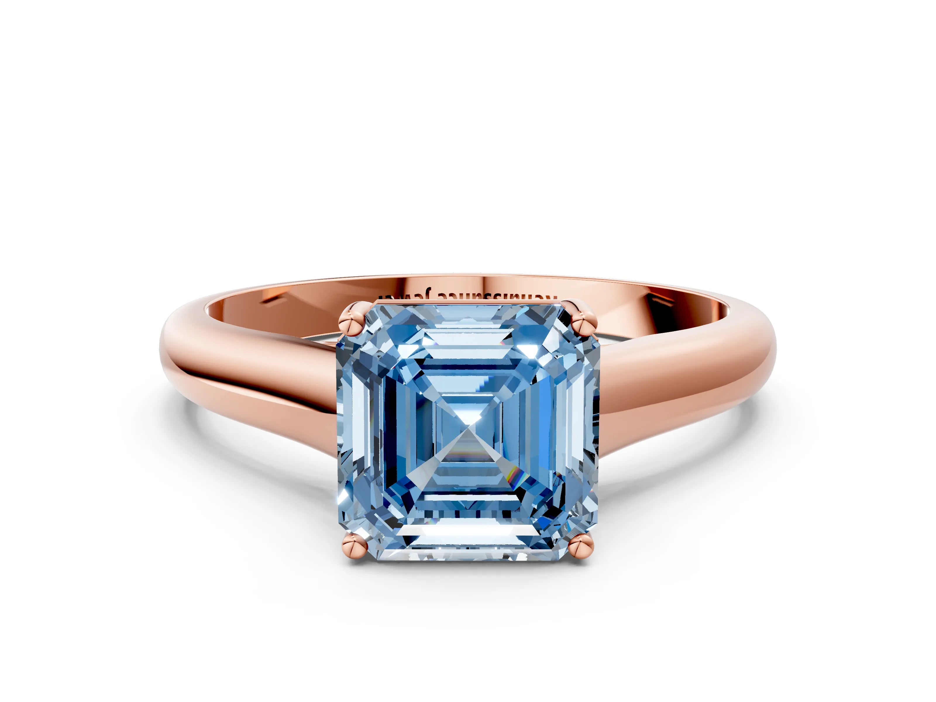 Rose gold Fancy Blue Asscher Cut Cut Diamond Solitaire Engagement Ring with Tapered Plain Band and Four-Prong Setting
