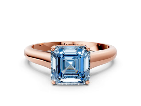 Rose gold Fancy Blue Asscher Cut Cut Diamond Solitaire Engagement Ring with Tapered Plain Band and Four-Prong Setting