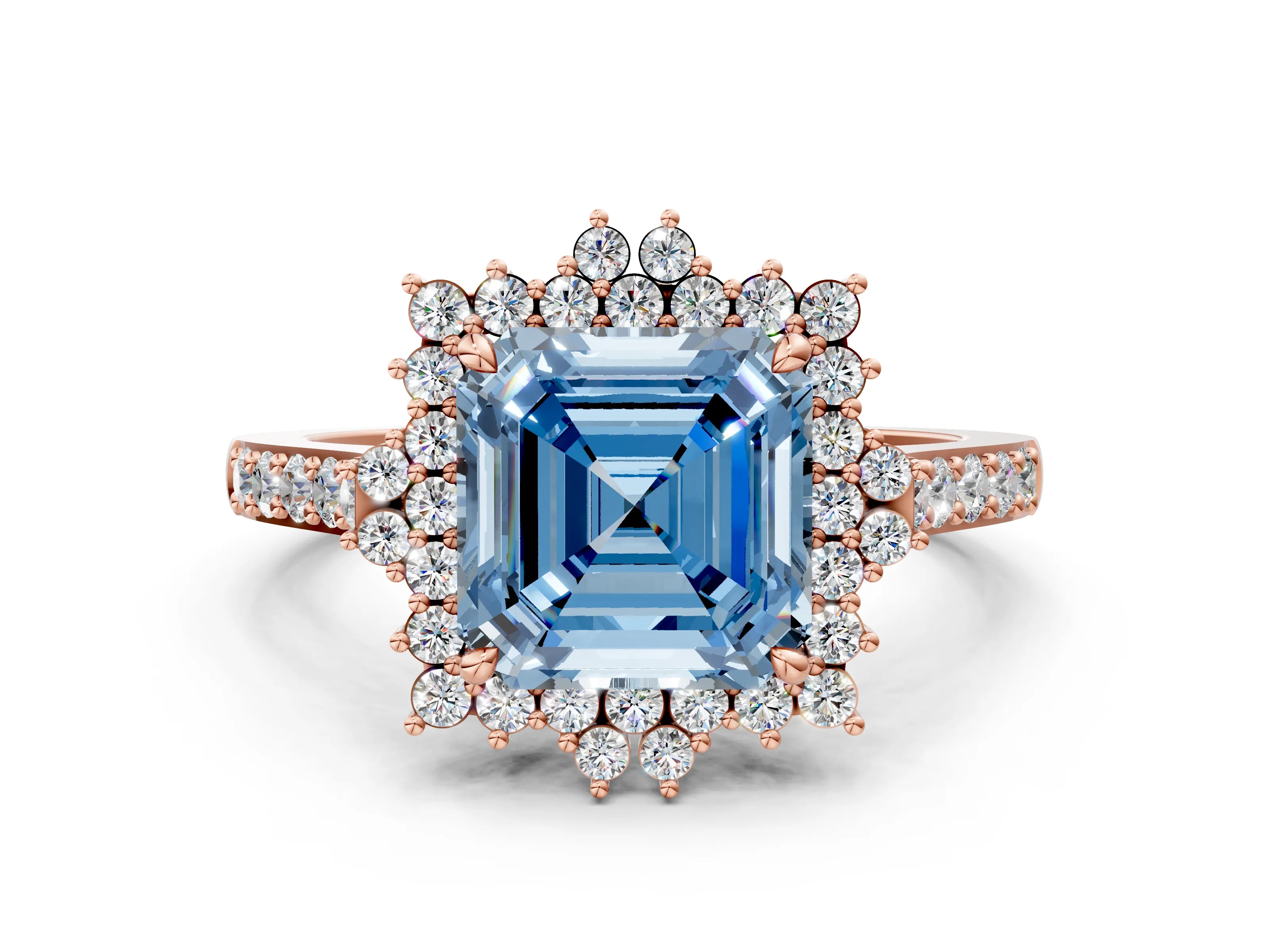 Rose gold Fancy Blue Asscher Cut Cut Diamond Sunburst Halo Engagement Ring with Pavé Band