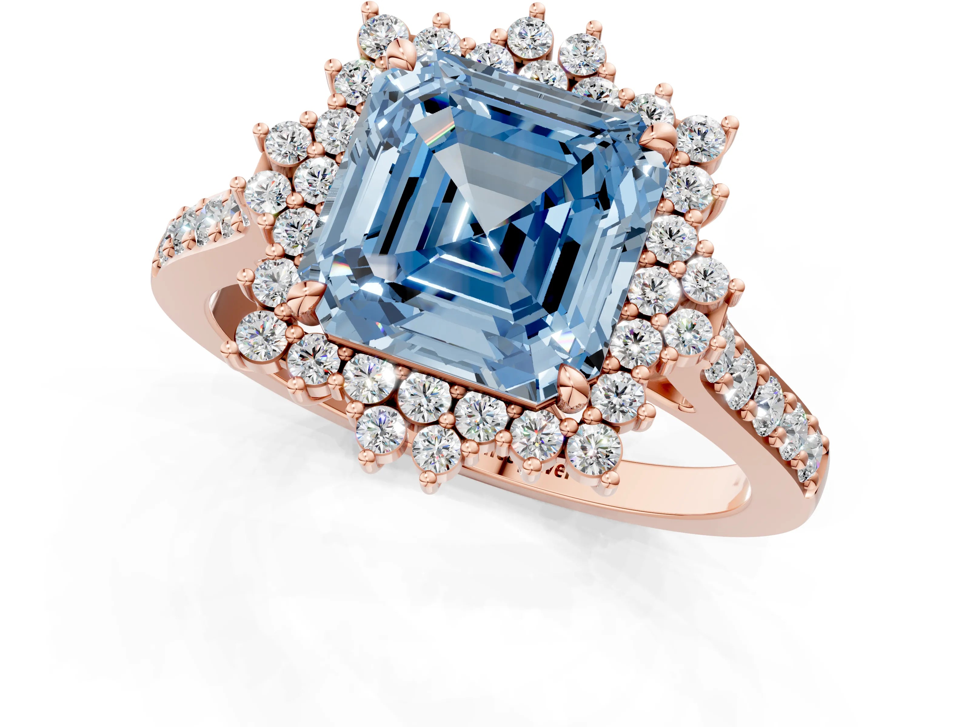 Rose gold Fancy Blue Asscher Cut Cut Diamond Sunburst Halo Engagement Ring with Pavé Band_1