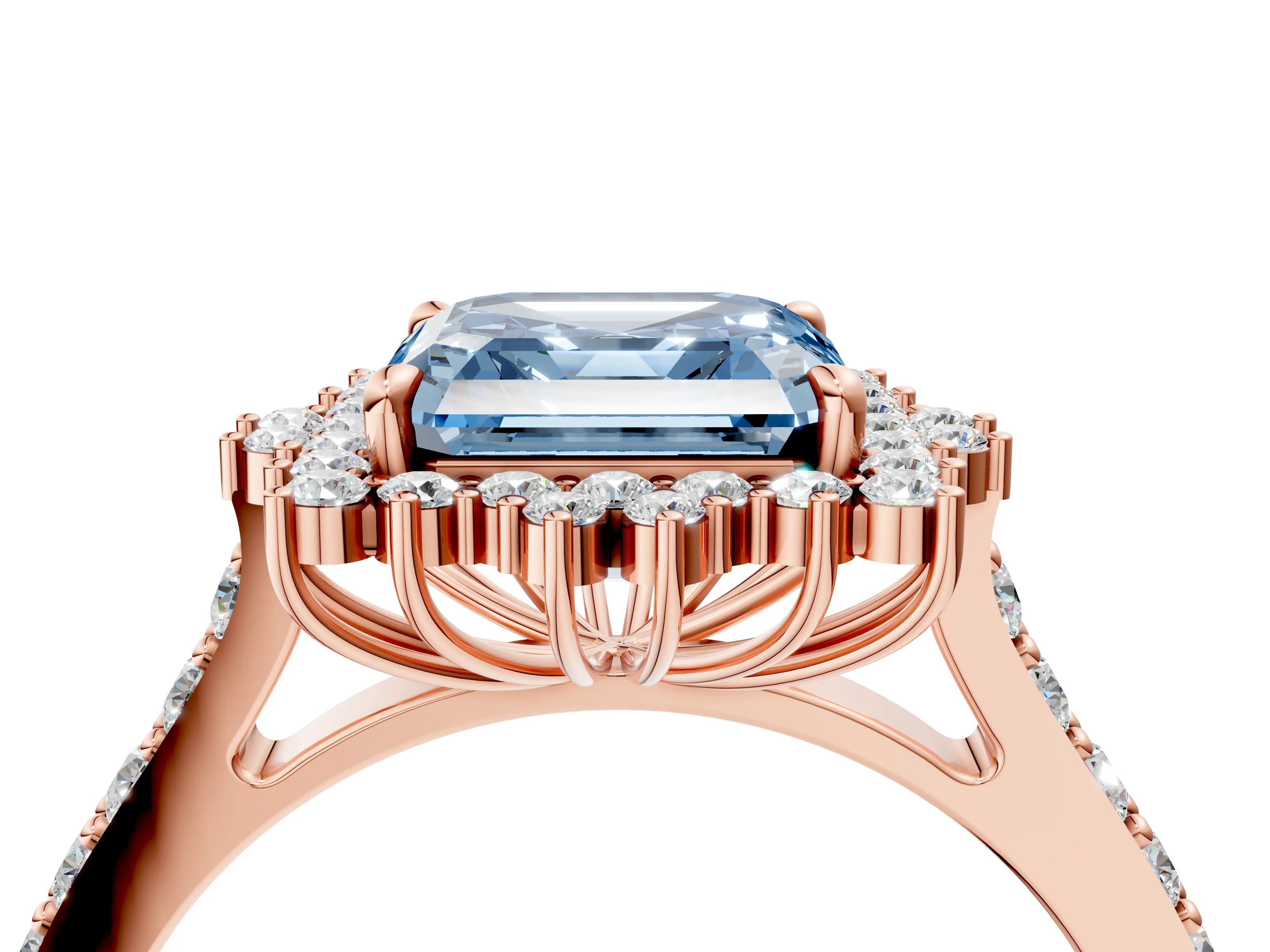 Rose gold Fancy Blue Asscher Cut Cut Diamond Sunburst Halo Engagement Ring with Pavé Band_4