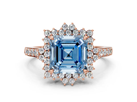Rose gold Fancy Blue Asscher Cut Cut Diamond Sunburst Halo Engagement Ring with Pavé Band