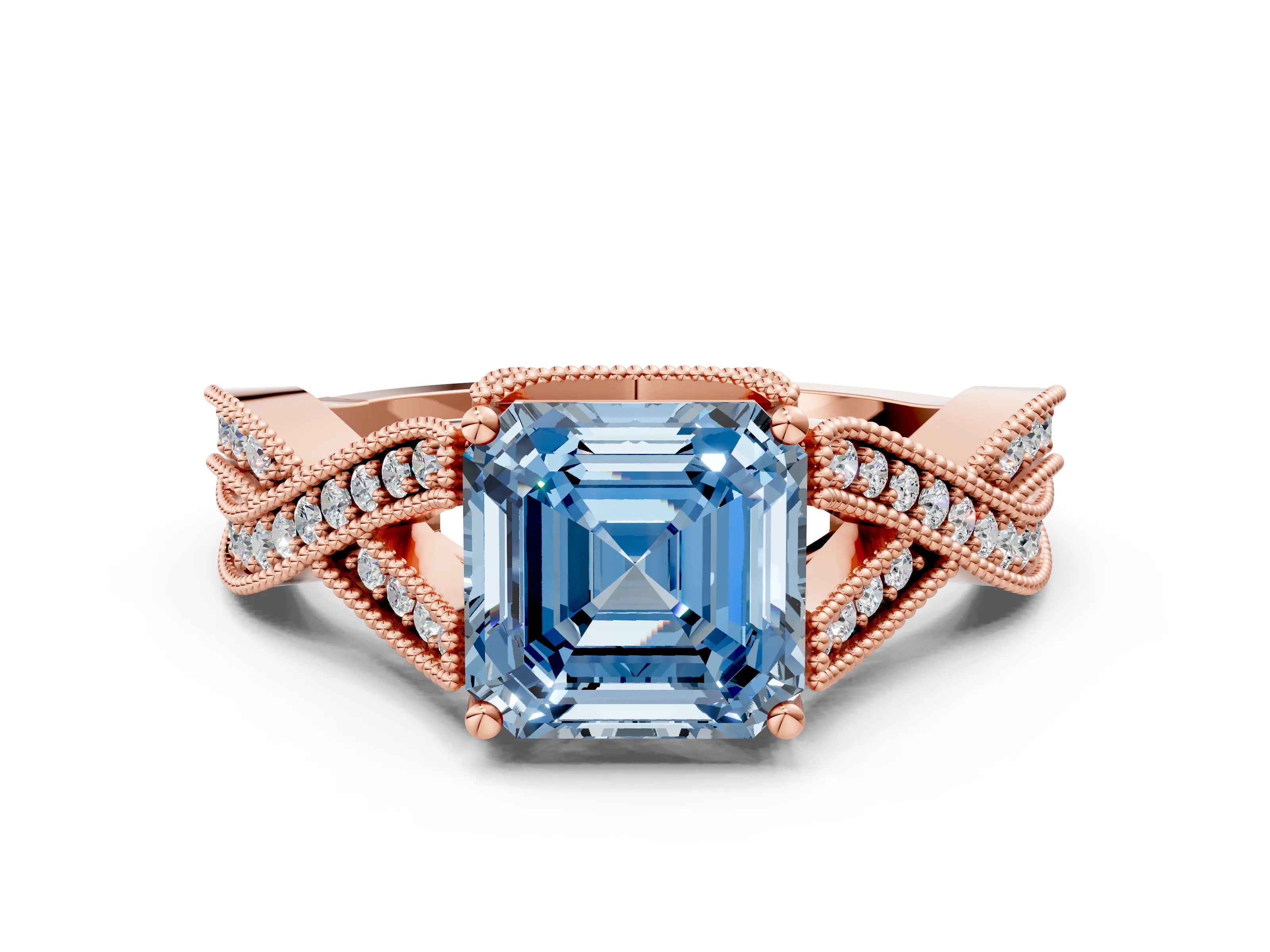 Rose gold Fancy Blue Asscher Cut Cut Diamond Twisted Band with Milgrain Pave Setting and Four-Prong Setting