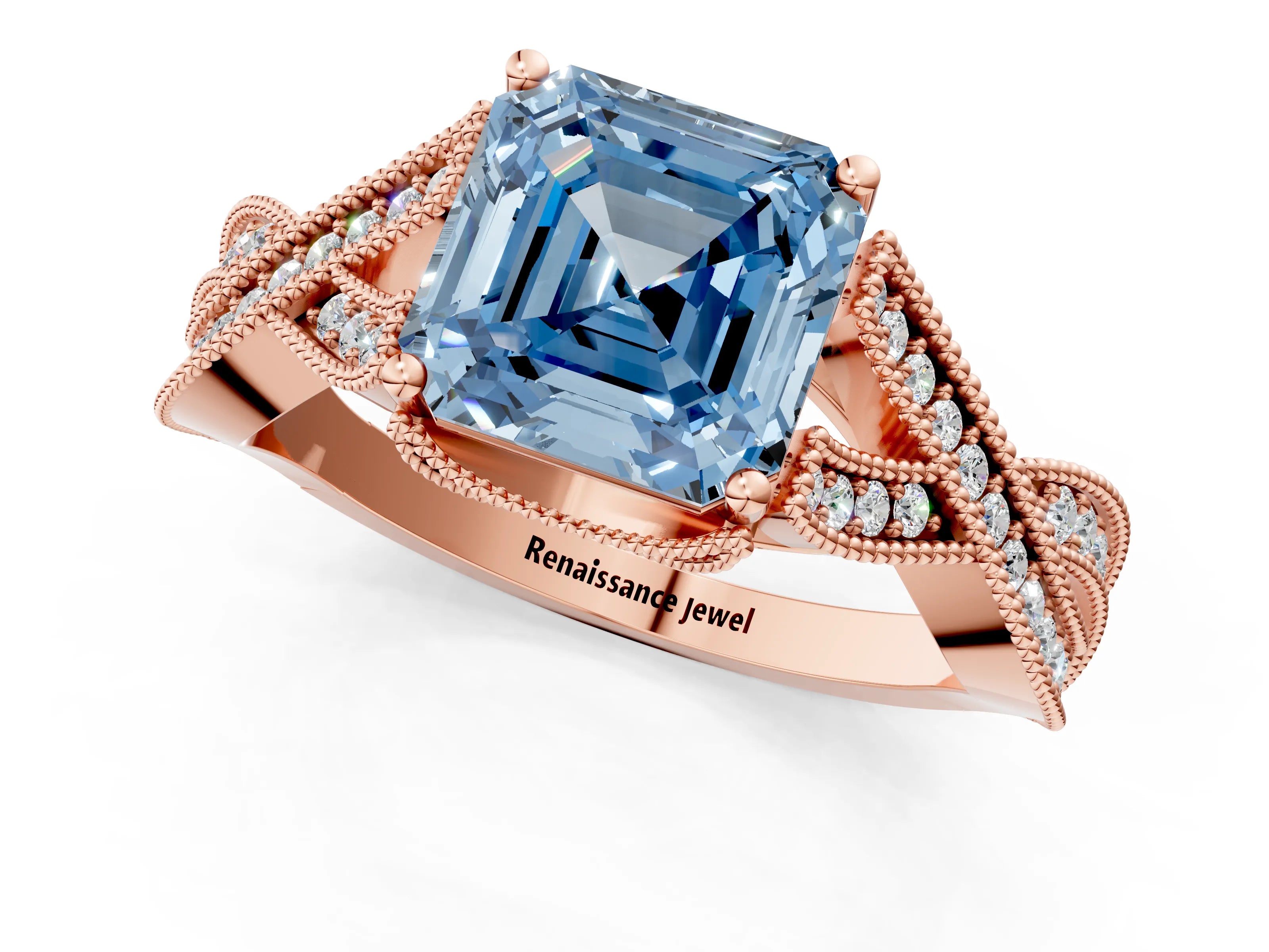 Rose gold Fancy Blue Asscher Cut Cut Diamond Twisted Band with Milgrain Pave Setting and Four-Prong Setting_1