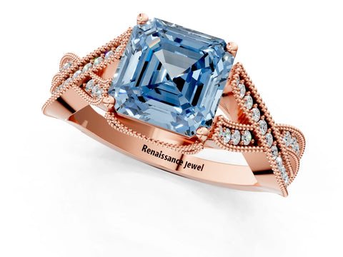 Rose gold Fancy Blue Asscher Cut Cut Diamond Twisted Band with Milgrain Pave Setting and Four-Prong Setting_1