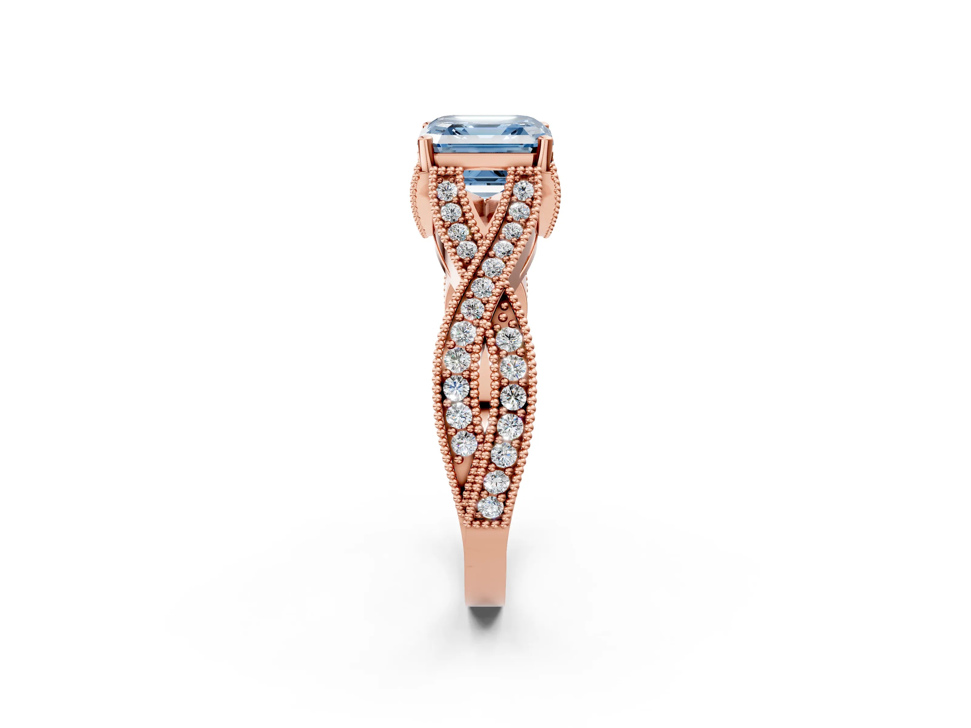 Rose gold Fancy Blue Asscher Cut Cut Diamond Twisted Band with Milgrain Pave Setting and Four-Prong Setting_2