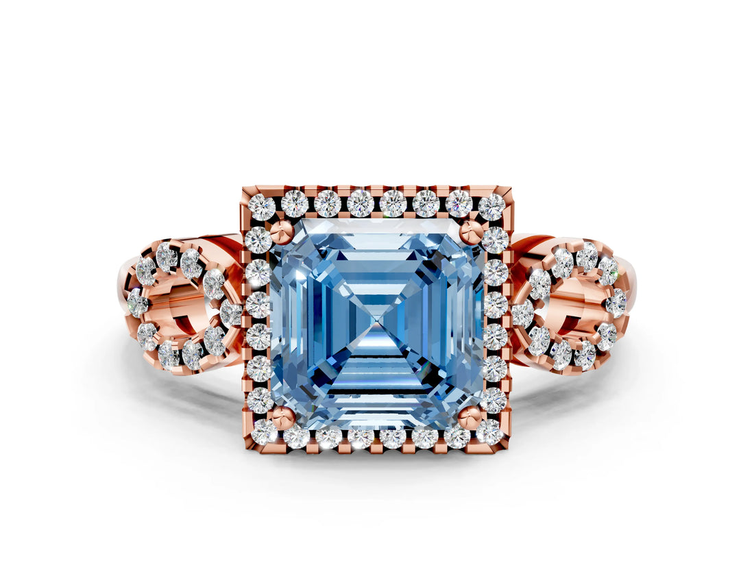 Rose gold Fancy Blue Asscher Cut Cut Halo Diamond Infinity Band with Four-Prong Setting