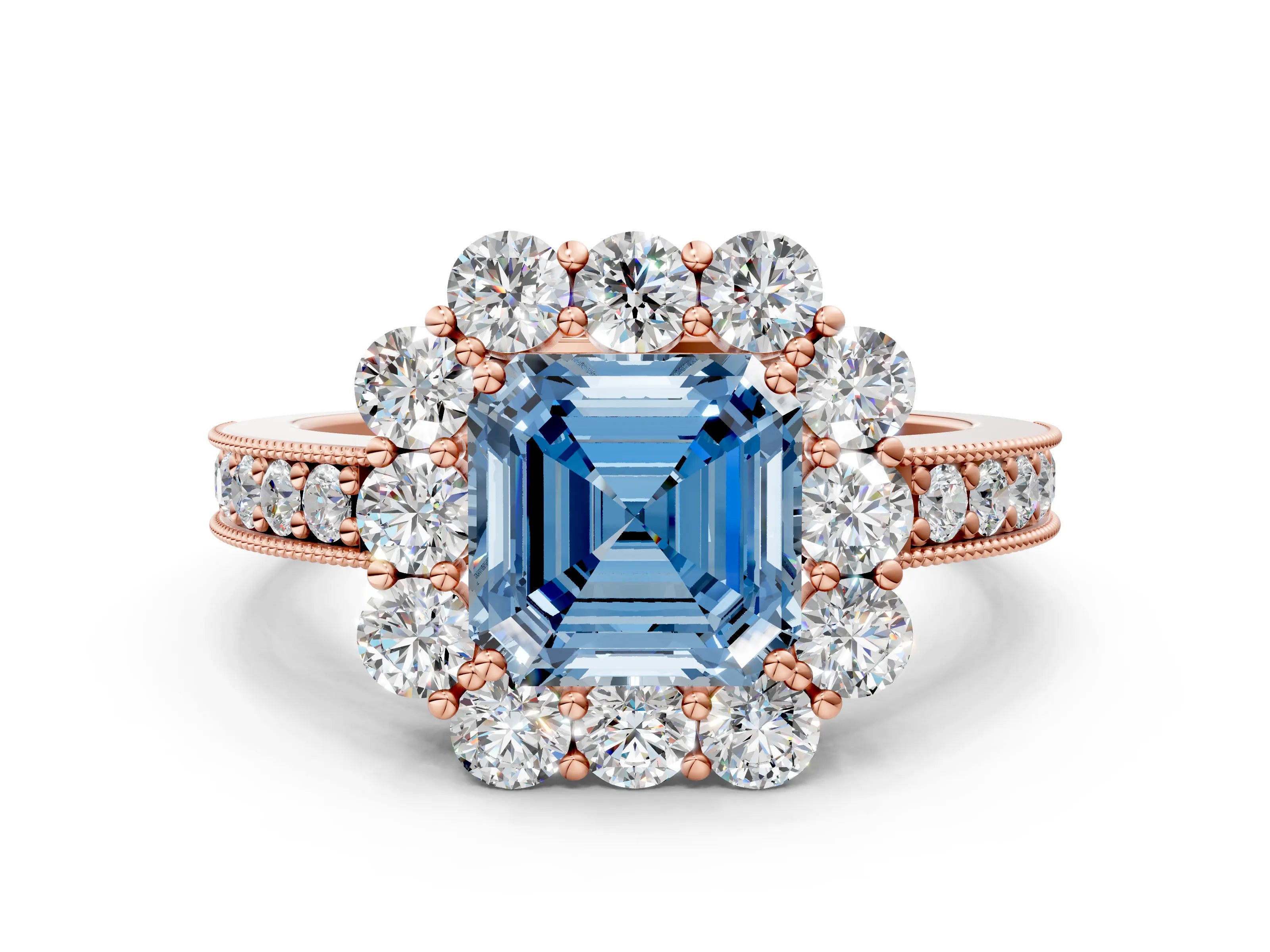 Rose gold Fancy Blue Asscher Cut Cut Halo Diamond Pavé Engagement Ring with Milgrain Detailing