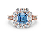 Rose gold Fancy Blue Asscher Cut Cut Halo Diamond Pavé Engagement Ring with Milgrain Detailing