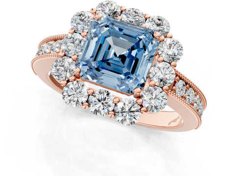 Rose gold Fancy Blue Asscher Cut Cut Halo Diamond Pavé Engagement Ring with Milgrain Detailing_1