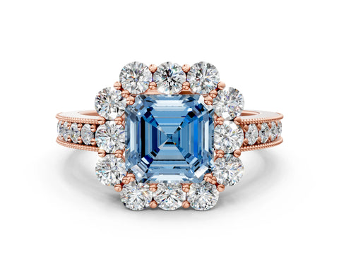 Rose gold Fancy Blue Asscher Cut Cut Halo Diamond Pavé Engagement Ring with Milgrain Detailing