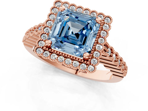 Rose gold Fancy Blue Asscher Cut Cut Halo Pavé Solitaire Ring with Milgrain Band_1