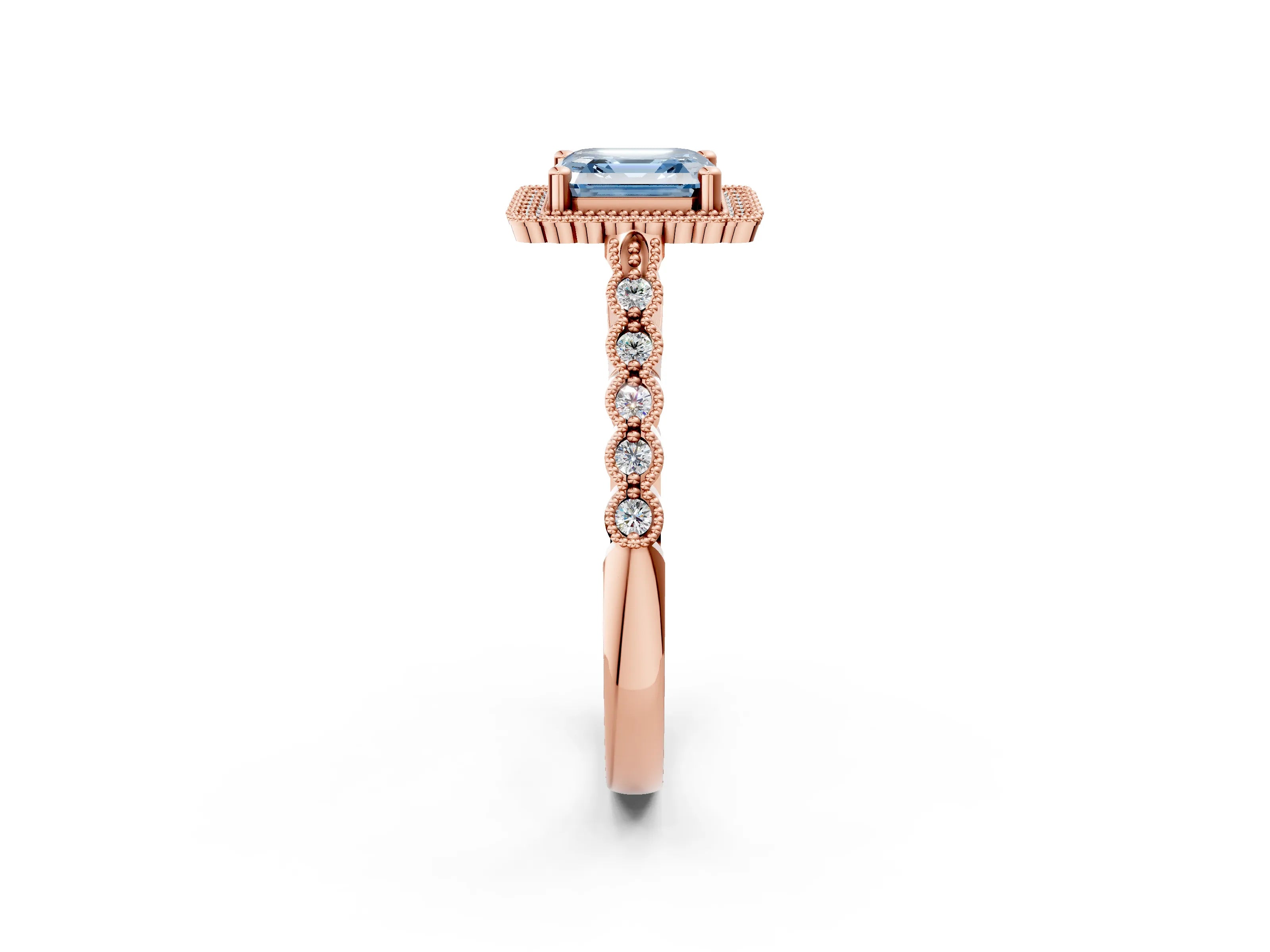Rose gold Fancy Blue Asscher Cut Cut Halo Pavé Solitaire Ring with Milgrain Band_2