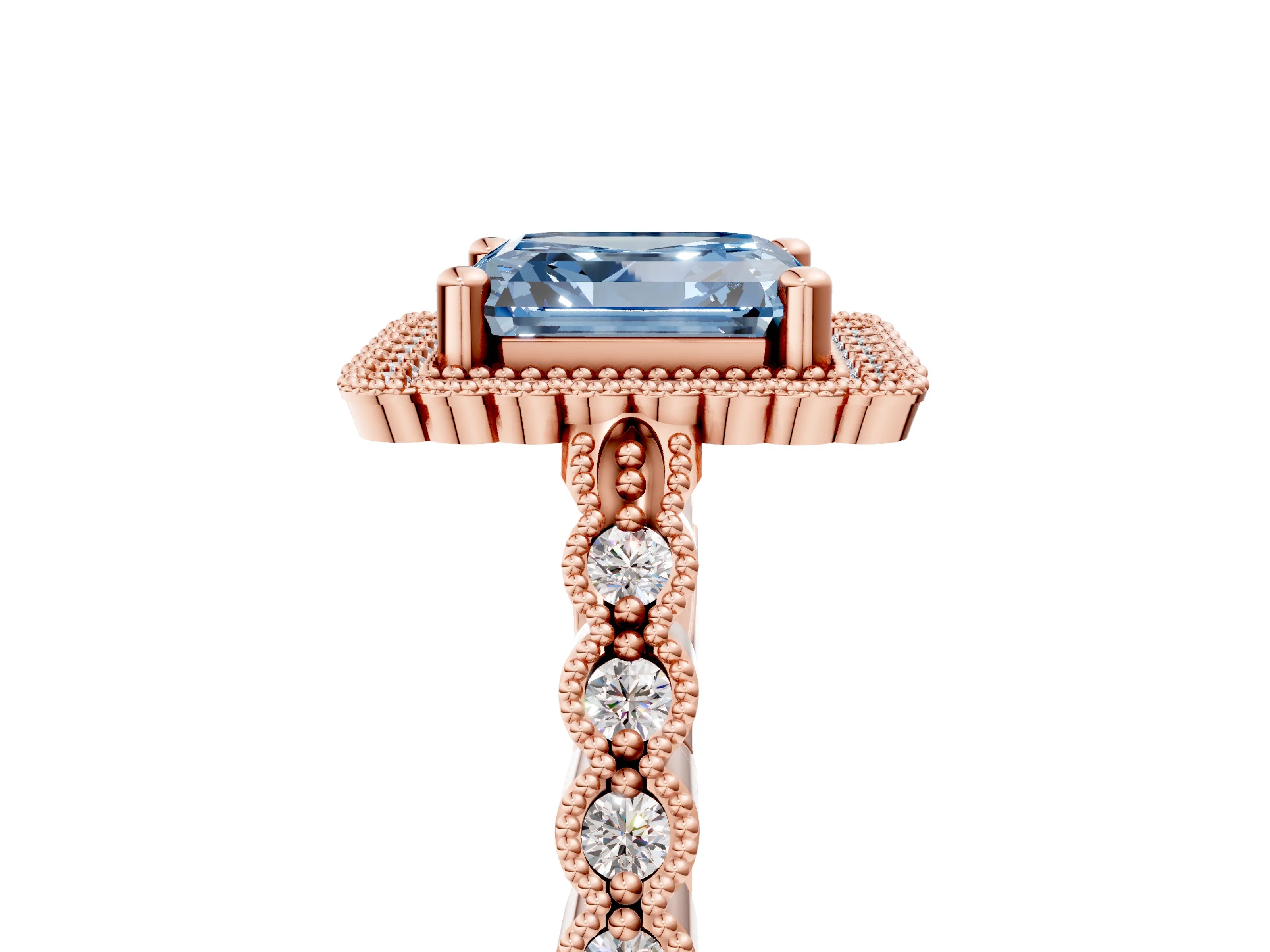 Rose gold Fancy Blue Asscher Cut Cut Halo Pavé Solitaire Ring with Milgrain Band_5