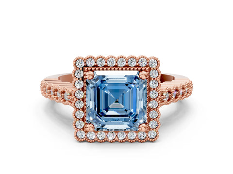 Rose gold Fancy Blue Asscher Cut Cut Halo Pavé Solitaire Ring with Milgrain Band