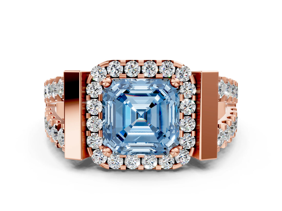 Rose gold Fancy Blue Asscher Cut Cut Halo Split Shank Prong Set Ring