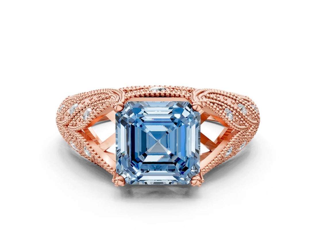 Rose gold Fancy Blue Asscher Cut Cut Milgrain Pave Diamond Engagement Ring with Four-Prong Setting_15