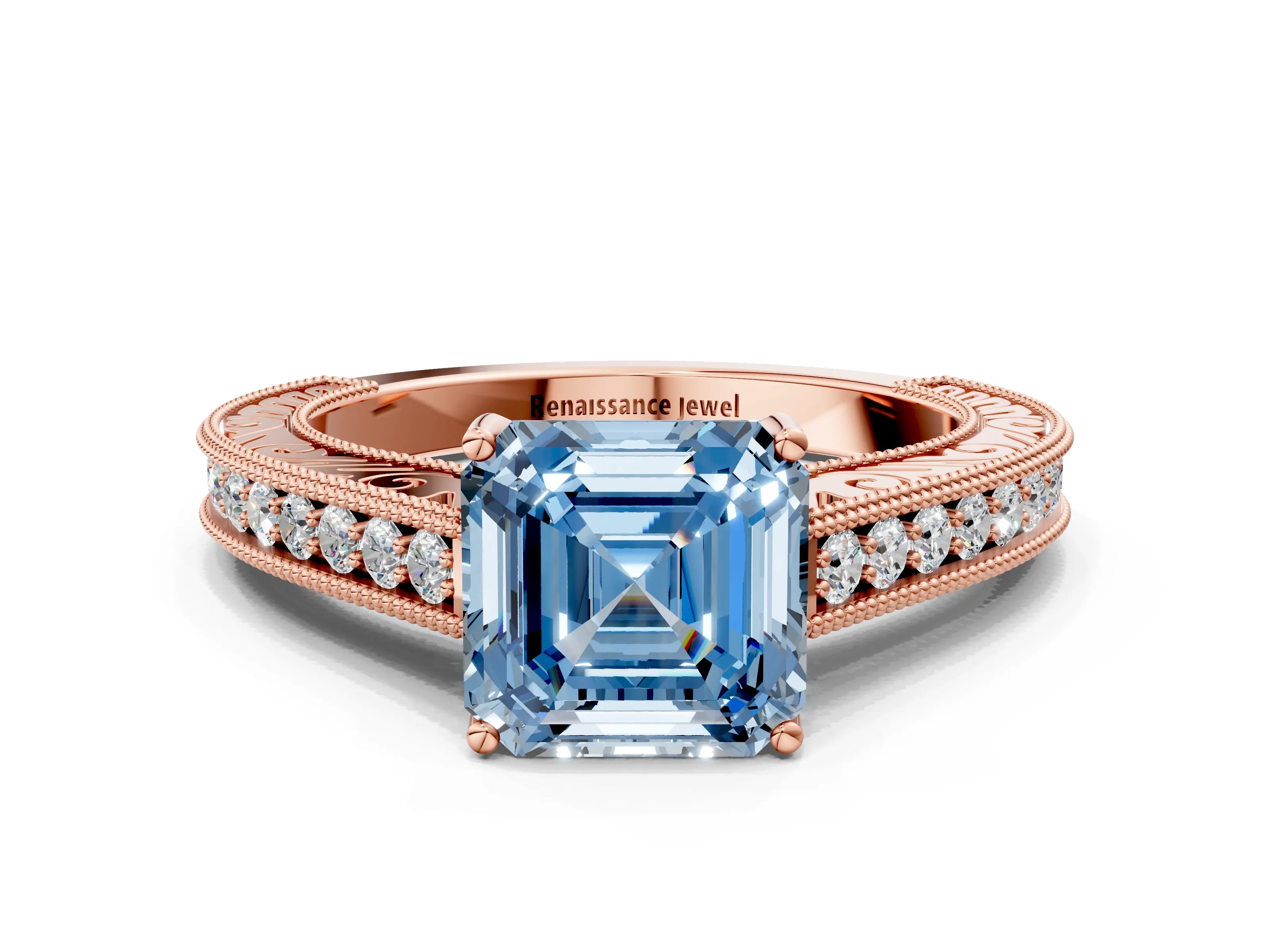 Rose gold Fancy Blue Asscher Cut Cut Pave Band Milgrain Solitaire Ring