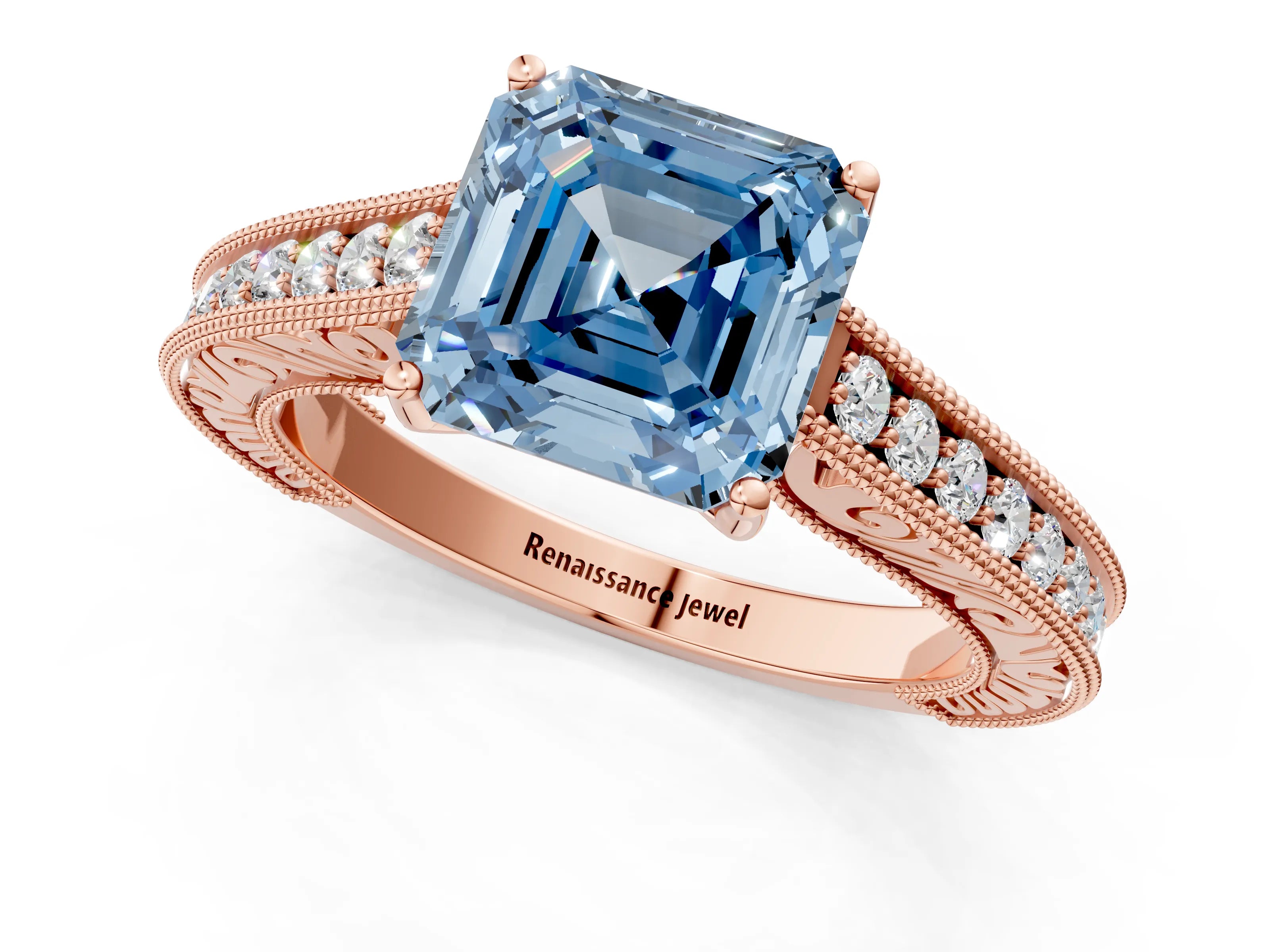 Rose gold Fancy Blue Asscher Cut Cut Pave Band Milgrain Solitaire Ring_1