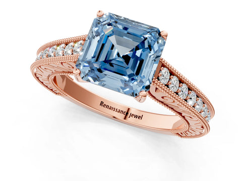 Rose gold Fancy Blue Asscher Cut Cut Pave Band Milgrain Solitaire Ring_1