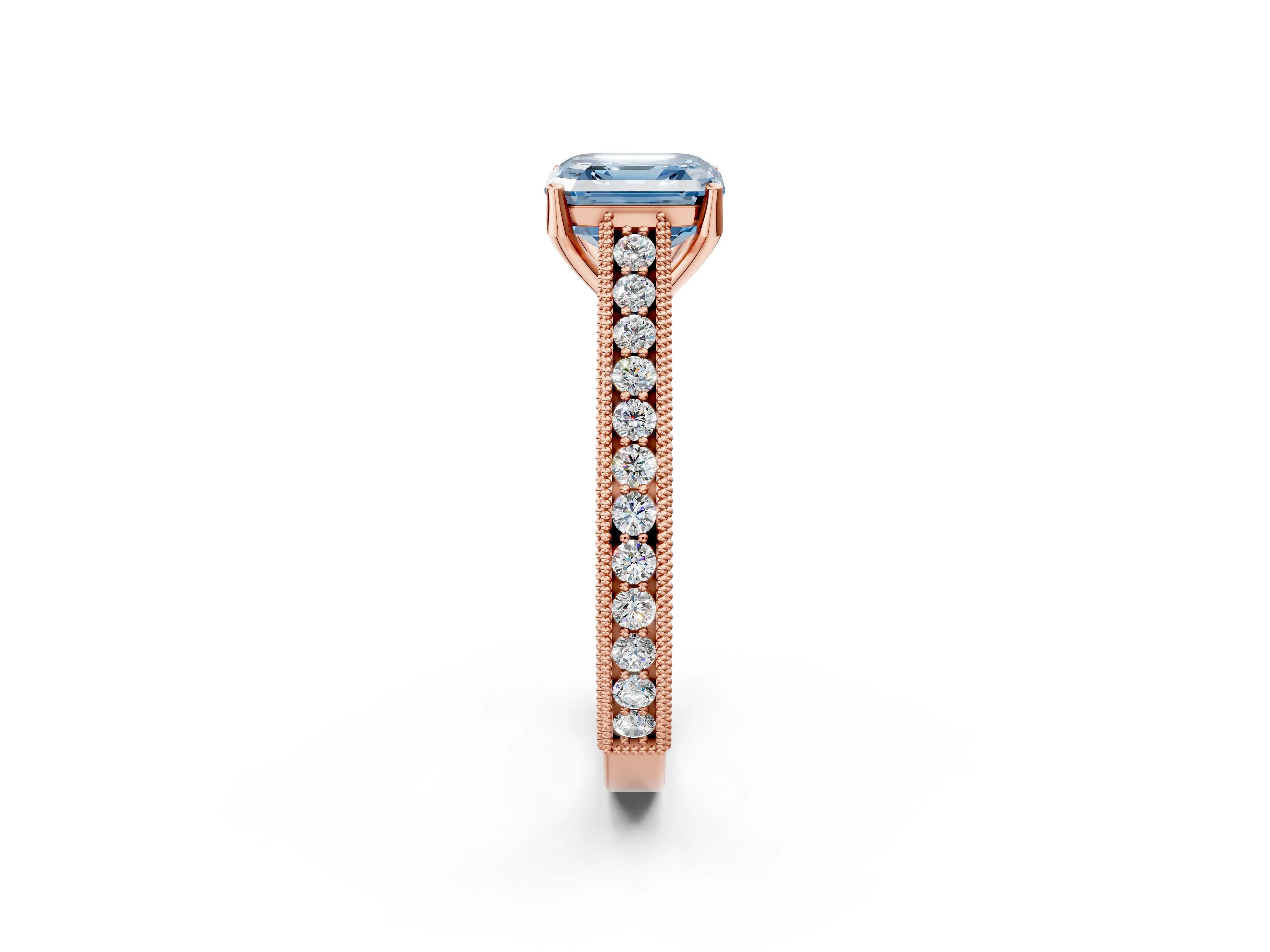 Rose gold Fancy Blue Asscher Cut Cut Pave Band Milgrain Solitaire Ring_2