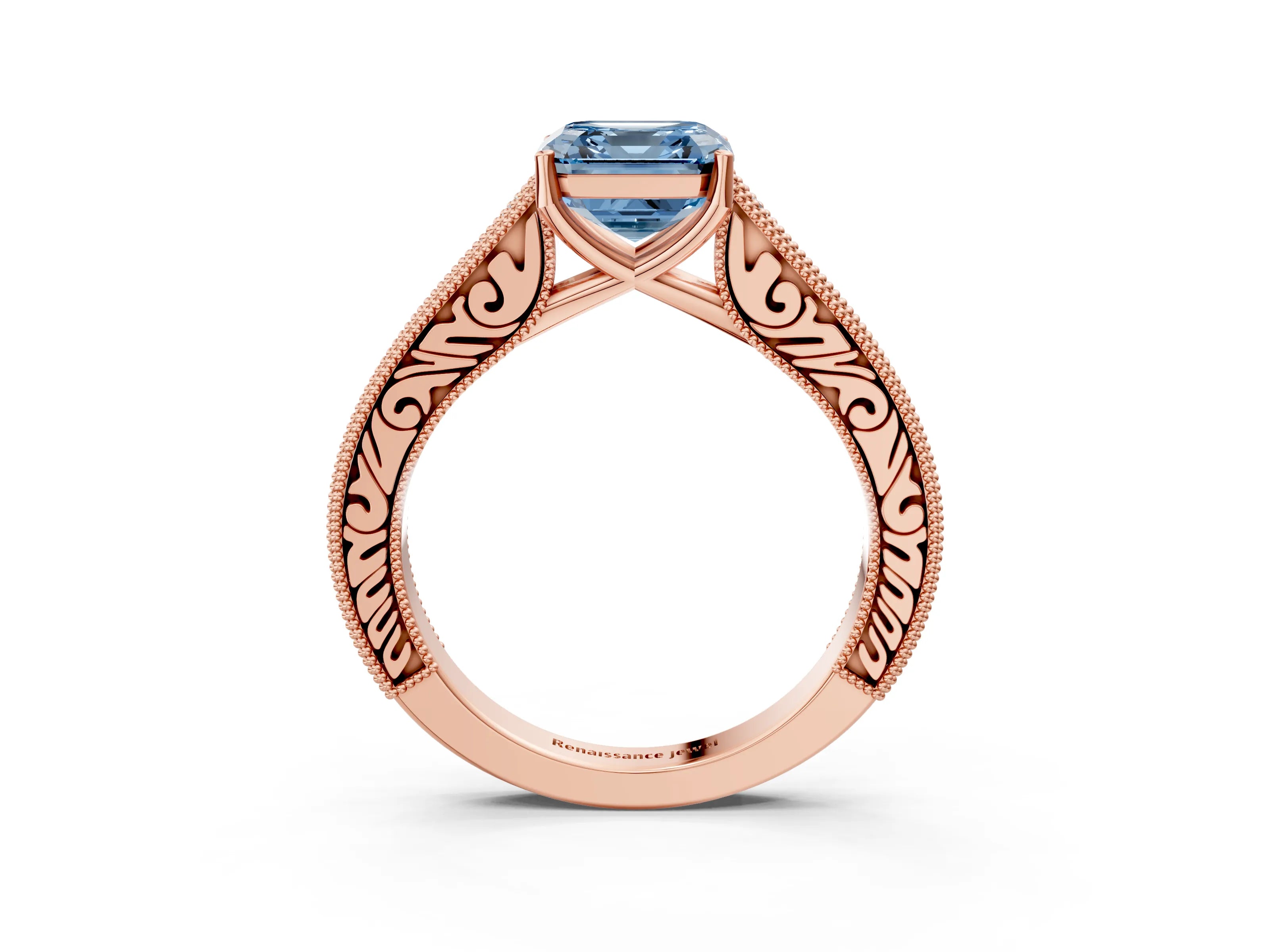 Rose gold Fancy Blue Asscher Cut Cut Pave Band Milgrain Solitaire Ring_3