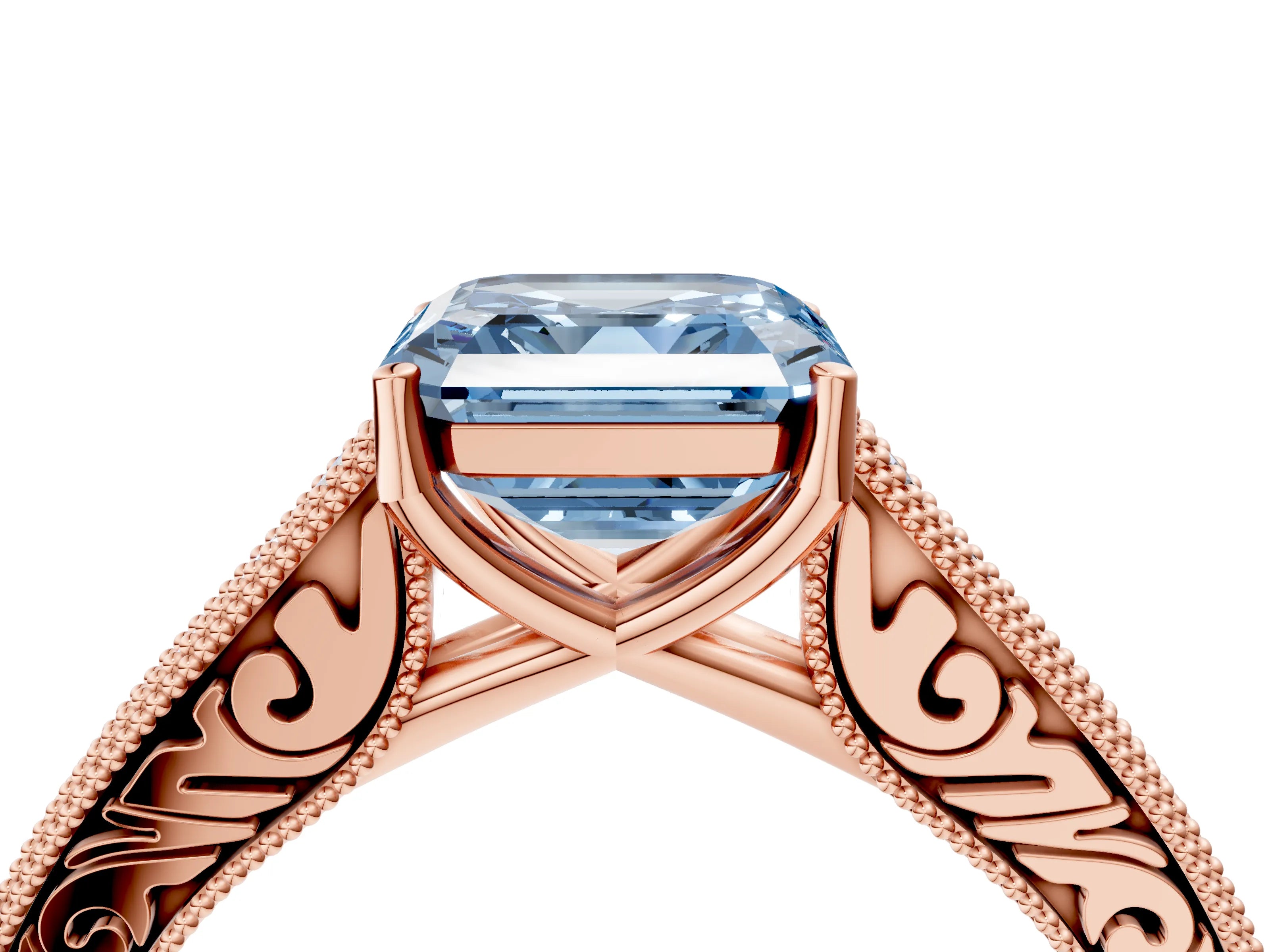 Rose gold Fancy Blue Asscher Cut Cut Pave Band Milgrain Solitaire Ring_4