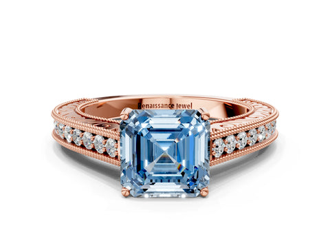 Rose gold Fancy Blue Asscher Cut Cut Pave Band Milgrain Solitaire Ring