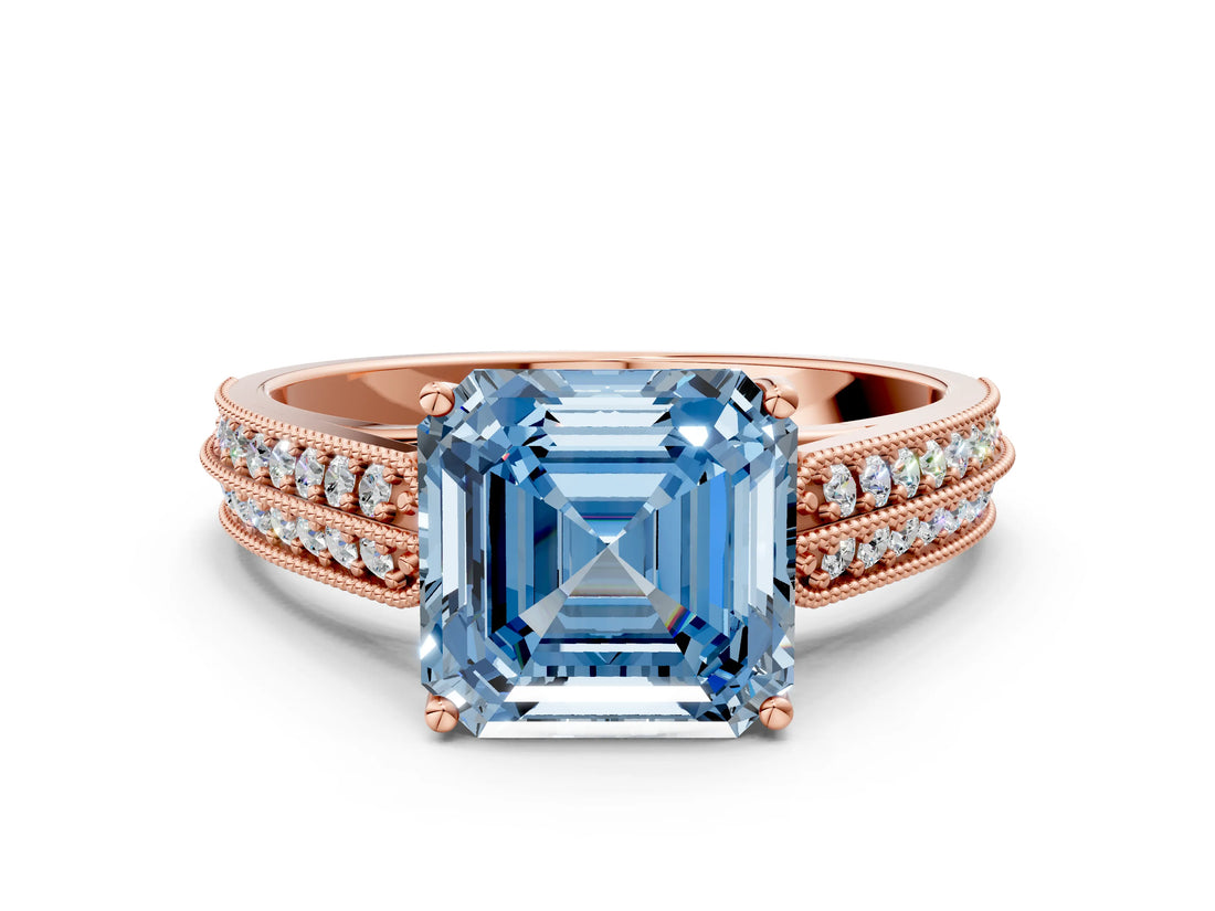 Rose gold Fancy Blue Asscher Cut Cut Pave Split Shank Engagement Ring with Four-Prong Setting