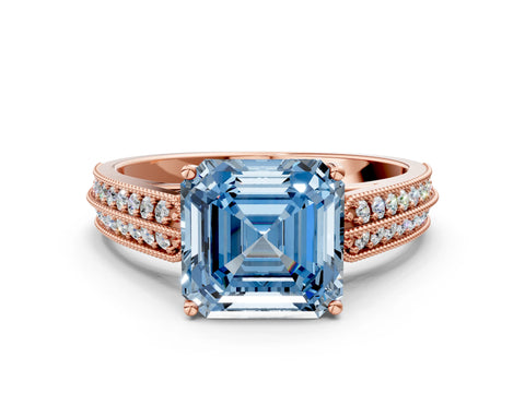 Rose gold Fancy Blue Asscher Cut Cut Pave Split Shank Engagement Ring with Four-Prong Setting