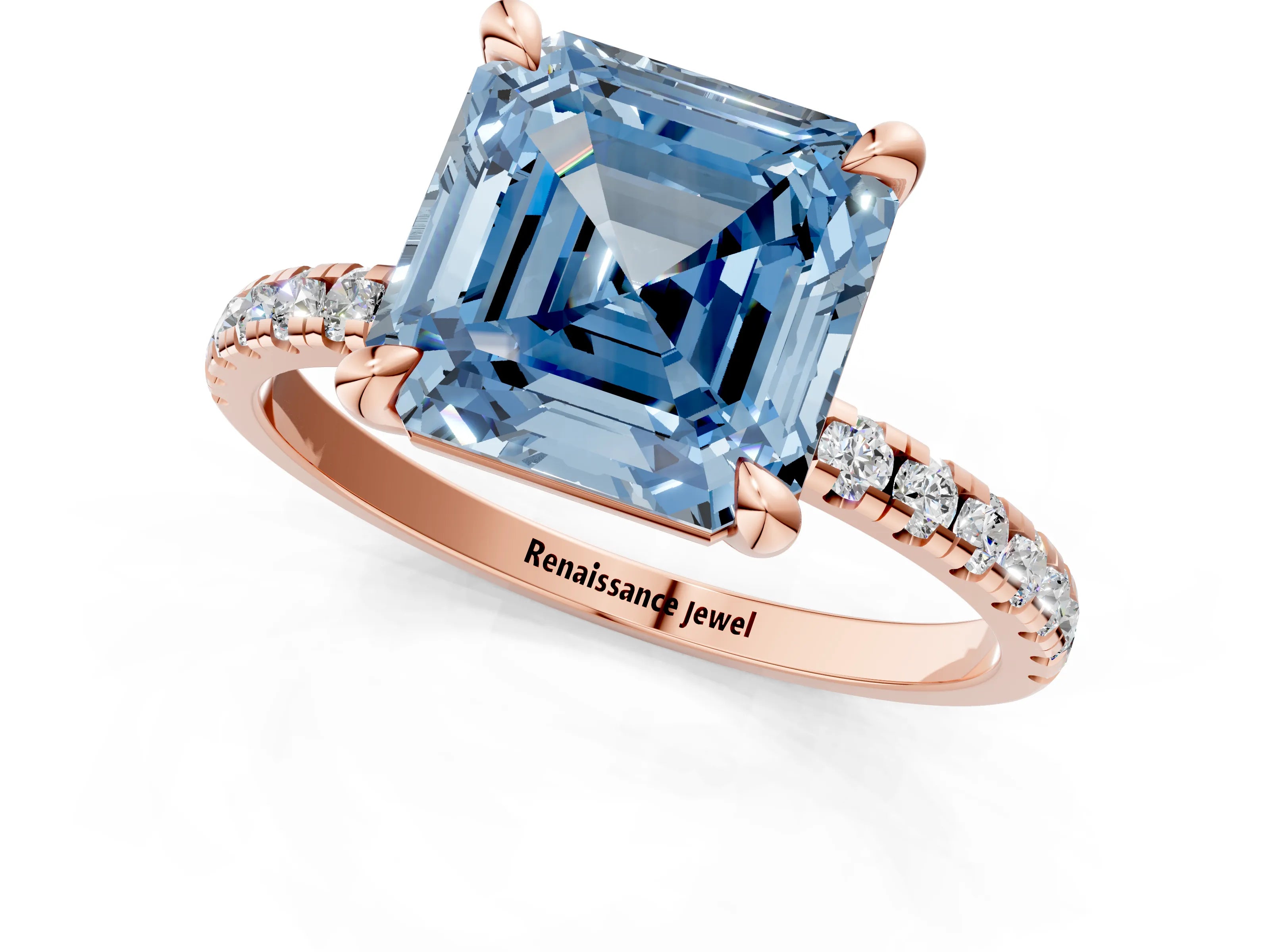 Rose gold Fancy Blue Asscher Cut Diamond Brilliant Solitaire Ring with Pavé Band and Four-Prong Setting_1