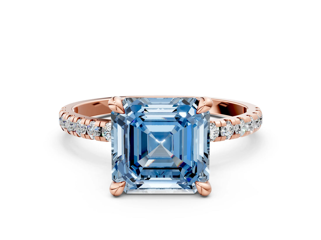 Rose gold Fancy Blue Asscher Cut Diamond Brilliant Solitaire Ring with Pavé Band and Four-Prong Setting_12