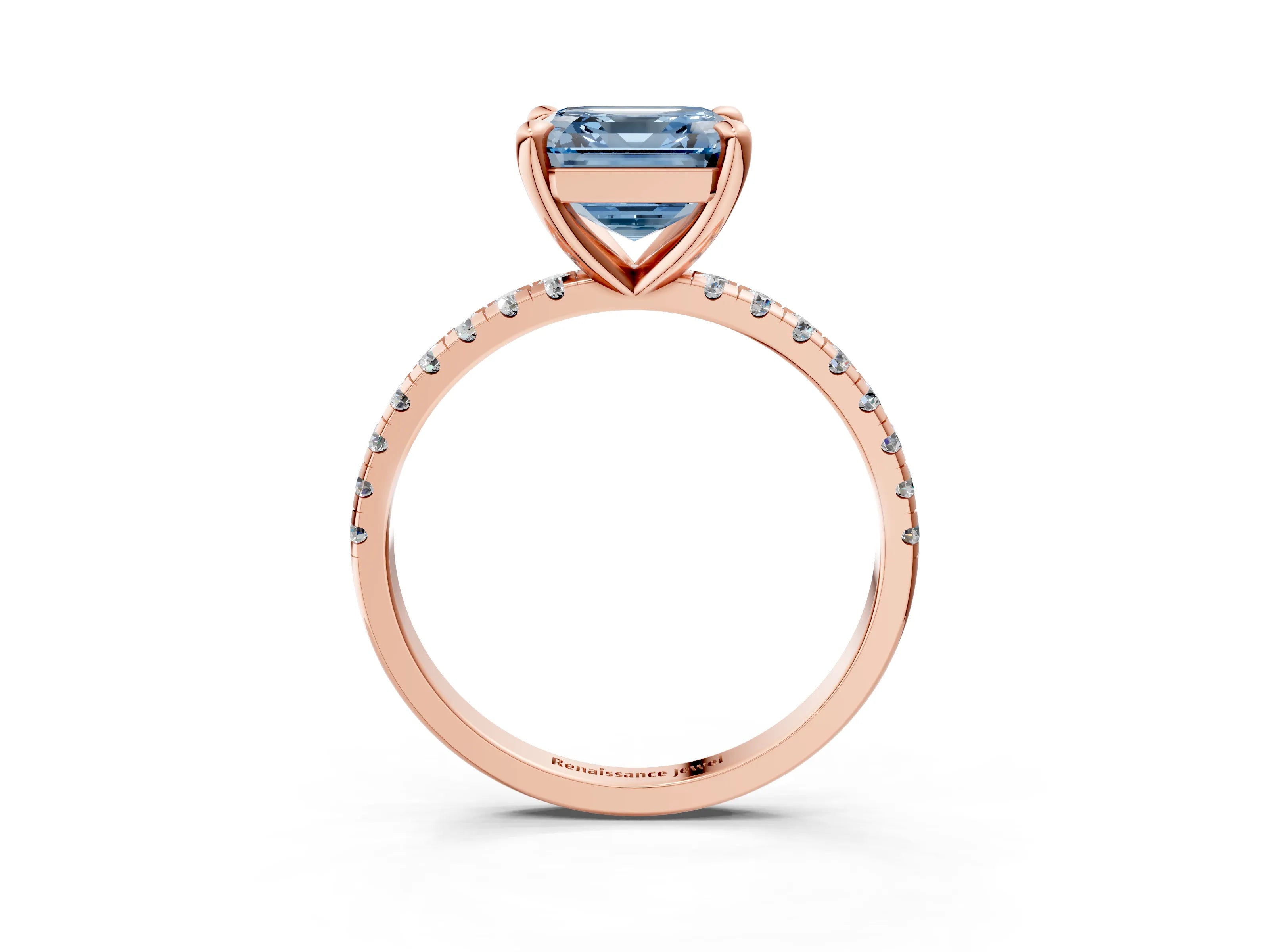 Rose gold Fancy Blue Asscher Cut Diamond Brilliant Solitaire Ring with Pavé Band and Four-Prong Setting_3