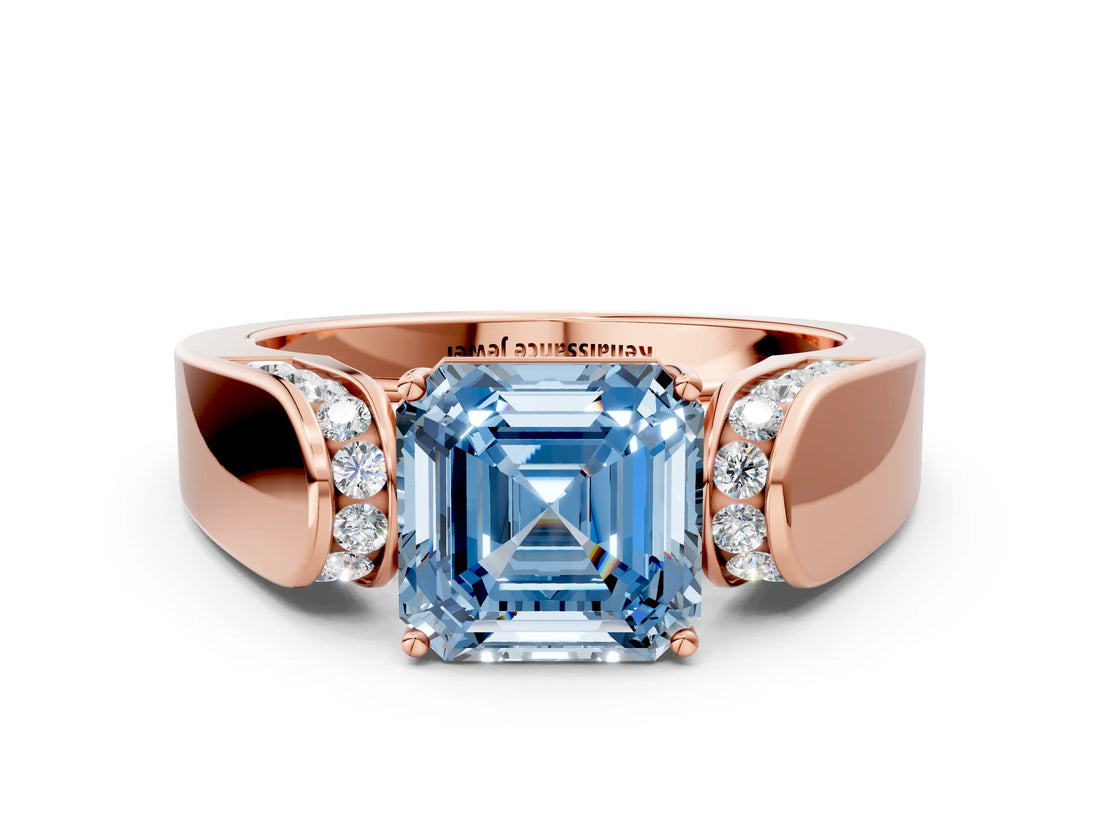 Rose gold Fancy Blue Asscher Cut Diamond Channel Set Solitaire Ring with Four-Prong Setting_24
