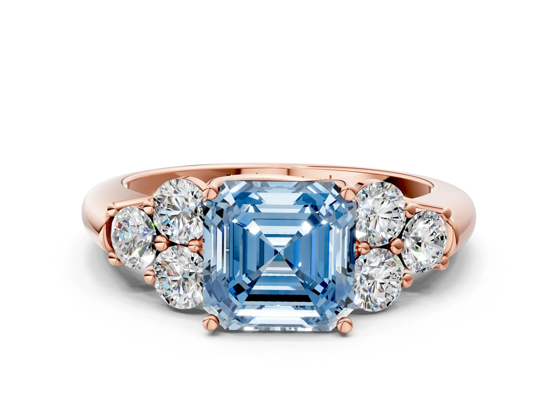 Rose gold Fancy Blue Asscher  Cut Diamond Cluster Ring with Round Accent Stones and Prong Setting on a Classic Band_65