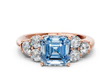 Rose gold Fancy Blue Asscher  Cut Diamond Cluster Ring with Round Accent Stones and Prong Setting on a Classic Band_65
