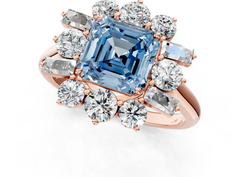 Rose gold Fancy Blue Asscher Cut Diamond Cluster Ring with Round and Baguette Stones, Split Shank Band, Prong Setting_1
