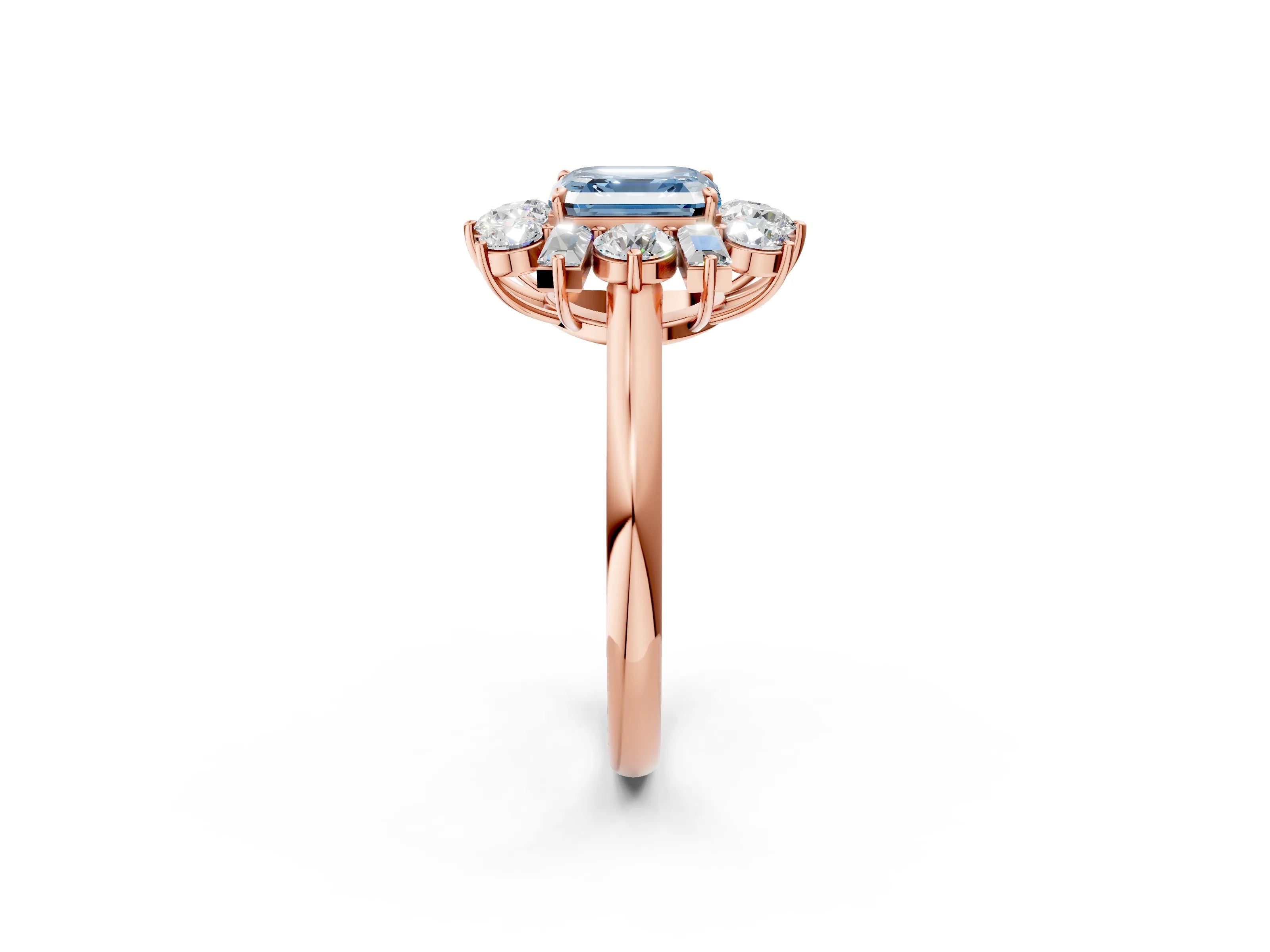 Rose gold Fancy Blue Asscher Cut Diamond Cluster Ring with Round and Baguette Stones, Split Shank Band, Prong Setting_2