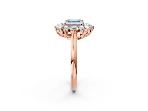 Rose gold Fancy Blue Asscher Cut Diamond Cluster Ring with Round and Baguette Stones, Split Shank Band, Prong Setting_2