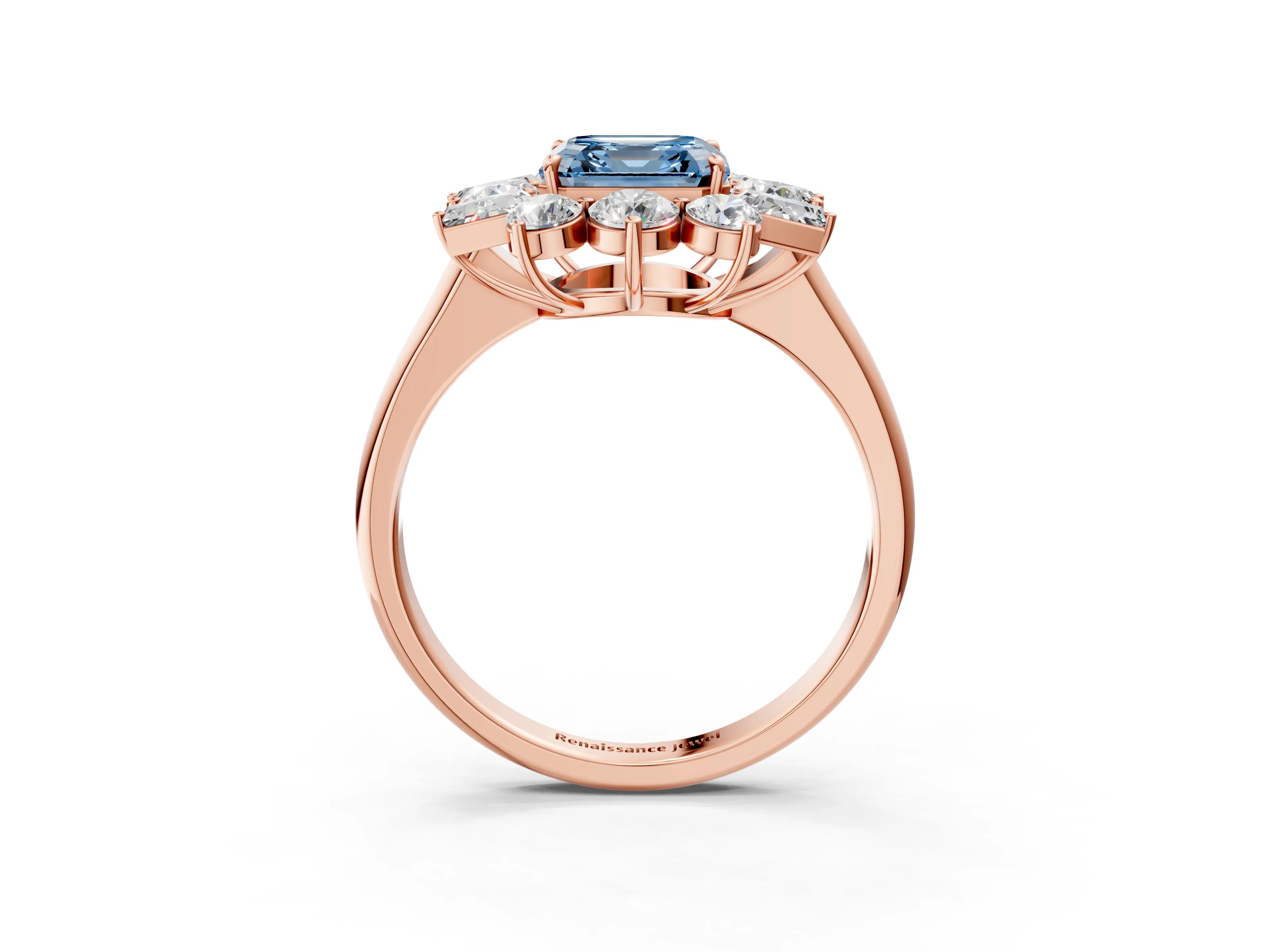 Rose gold Fancy Blue Asscher Cut Diamond Cluster Ring with Round and Baguette Stones, Split Shank Band, Prong Setting_3