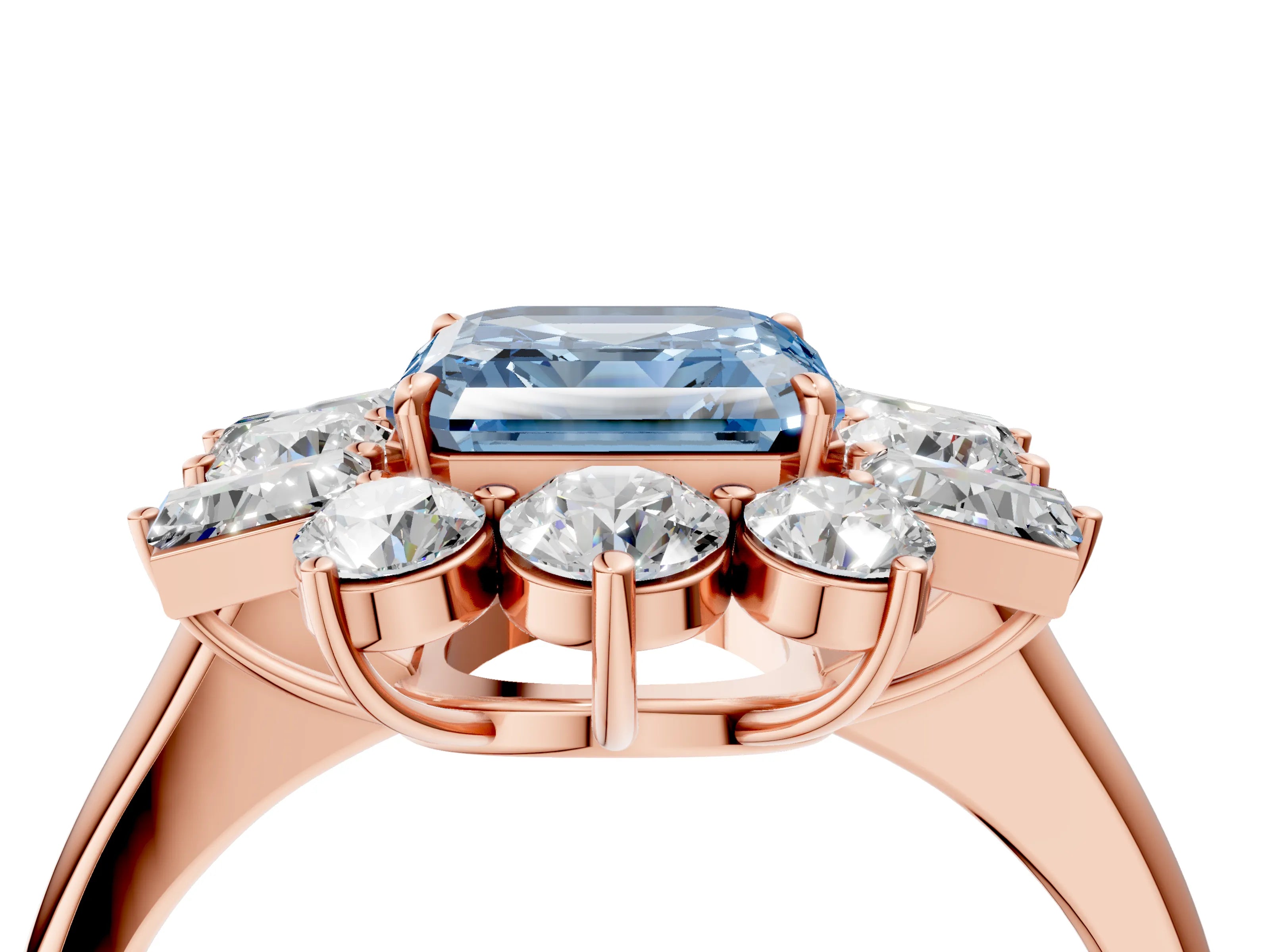 Rose gold Fancy Blue Asscher Cut Diamond Cluster Ring with Round and Baguette Stones, Split Shank Band, Prong Setting_4