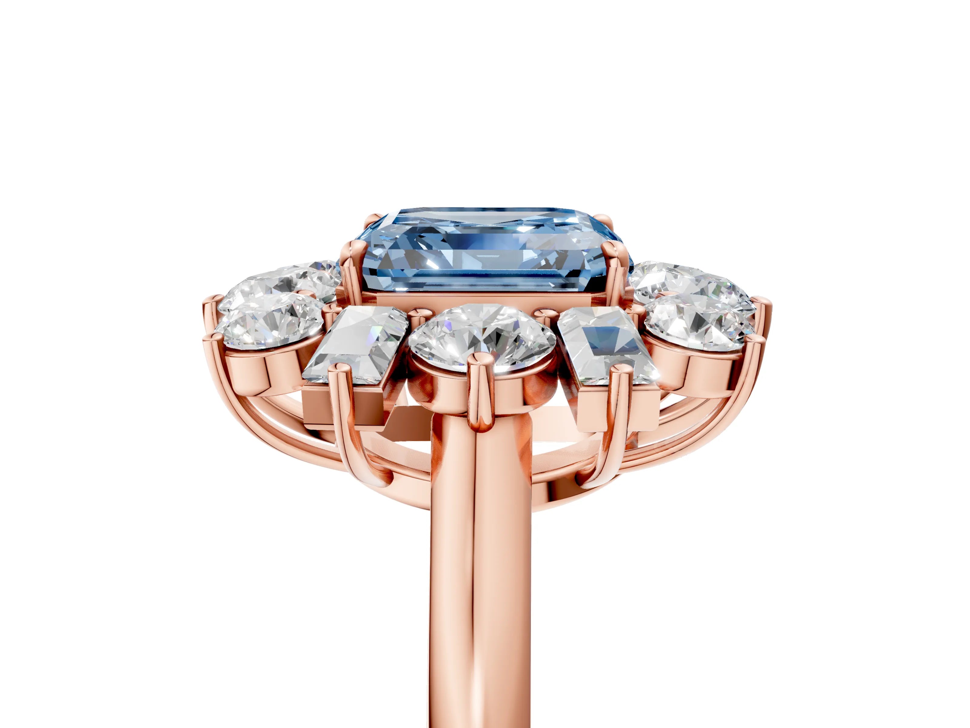 Rose gold Fancy Blue Asscher Cut Diamond Cluster Ring with Round and Baguette Stones, Split Shank Band, Prong Setting_5